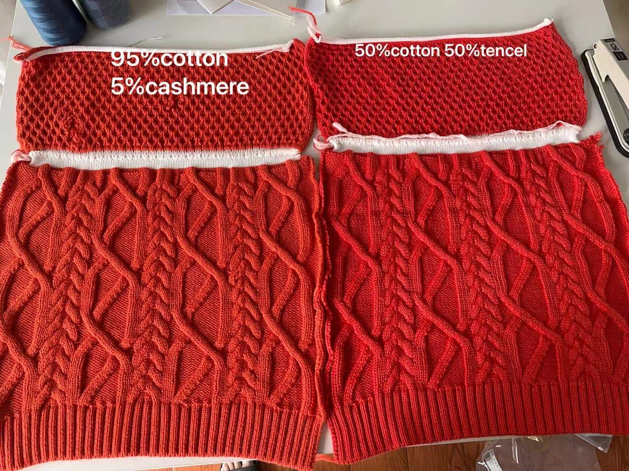Cable knit-downs — fabric developed by Belleza